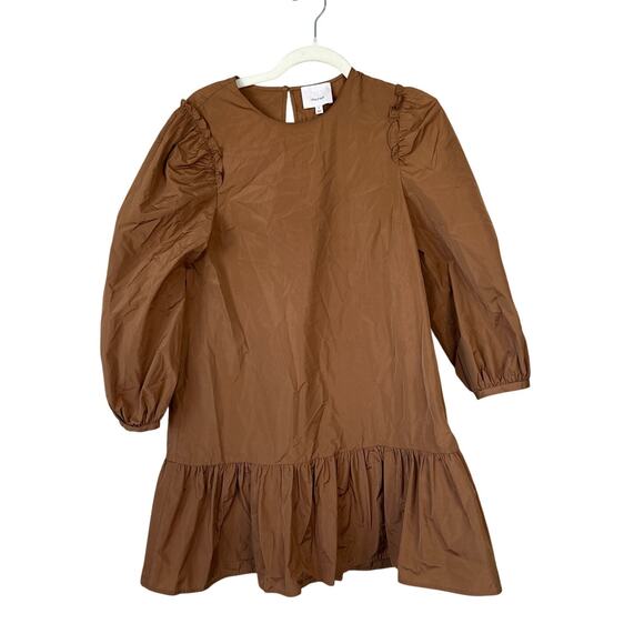 CINQ A SEPT Jackie Ruffle Trim Mini Dress Brown Tan Size Small Puff Sleeve - Picture 3 of 10